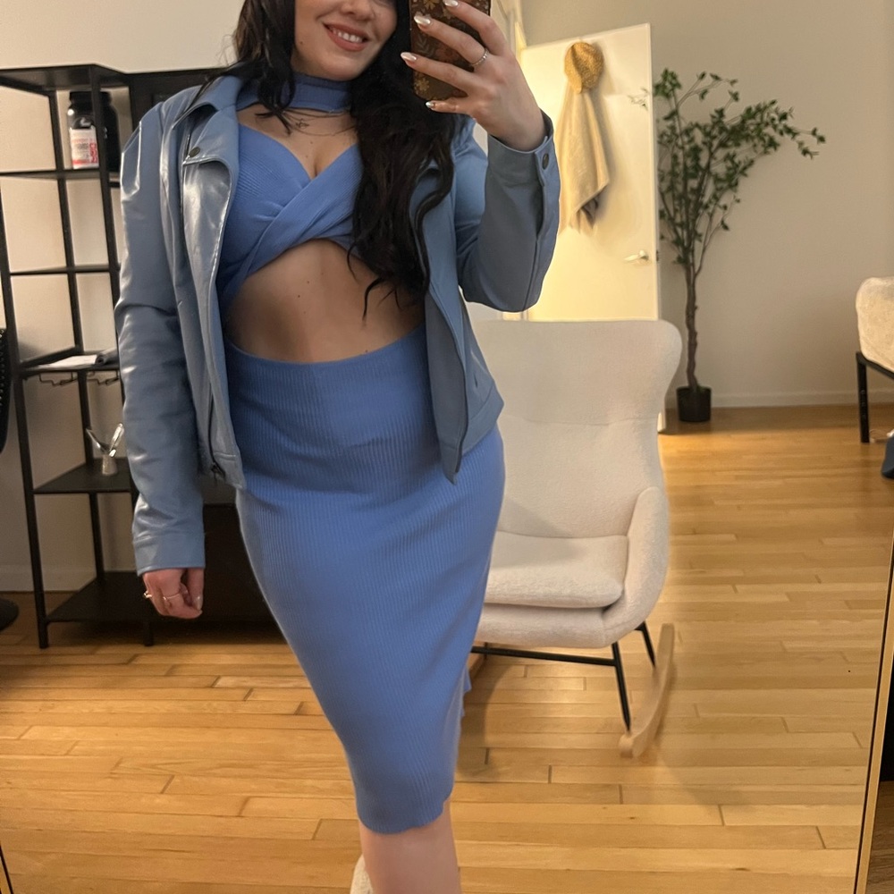 Light Blue Vegan Leather Motto Jacket